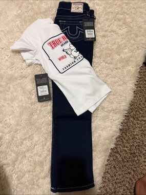True Religion White Graphic Tee with Dark Indigo Jeans